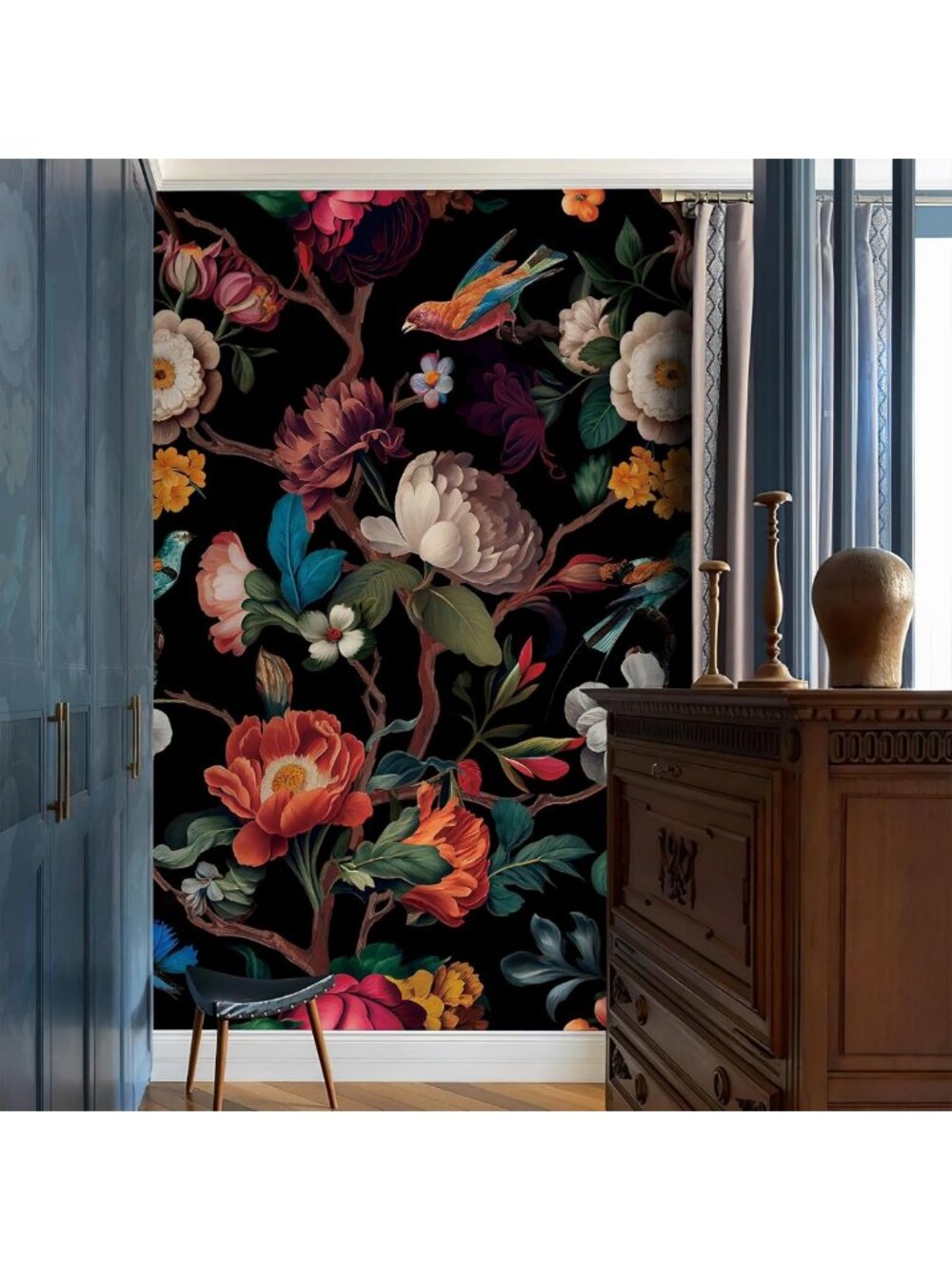 Vintage Black Floral Peel and Stick Wallpaper Mural, Removable Decor 98"x59